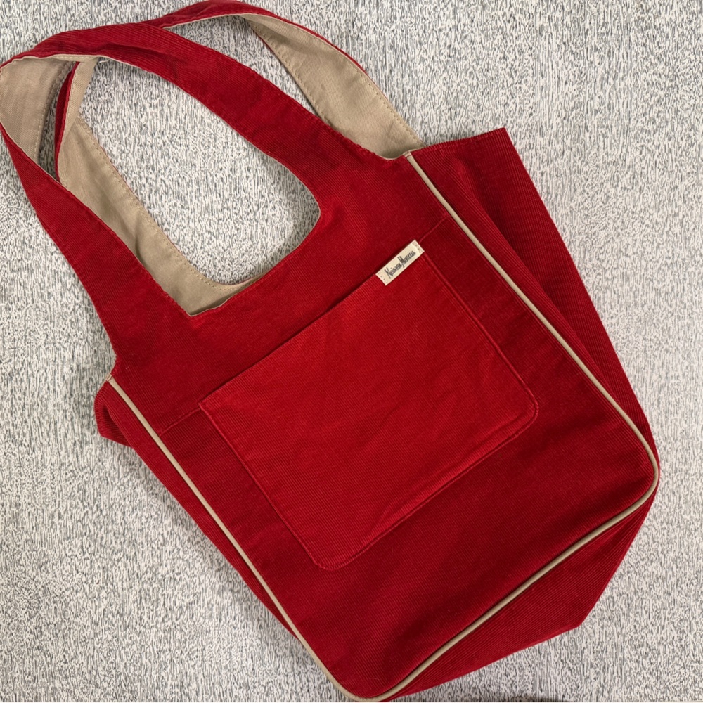 Neiman Marcus Deep Red Corduroy & Canvas Tote with Tan Interior & Handles